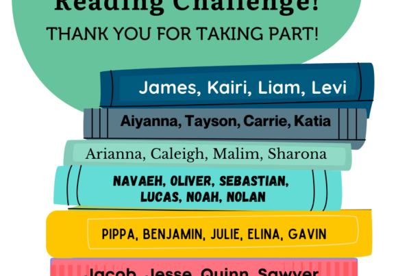 List of Reading Challenge winners written on the spine of a stack of colourful books.